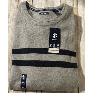 IZOD Mens Sweater XXL Gray Navy Stripe Crew Neck Long Sleeve Premium Essentials